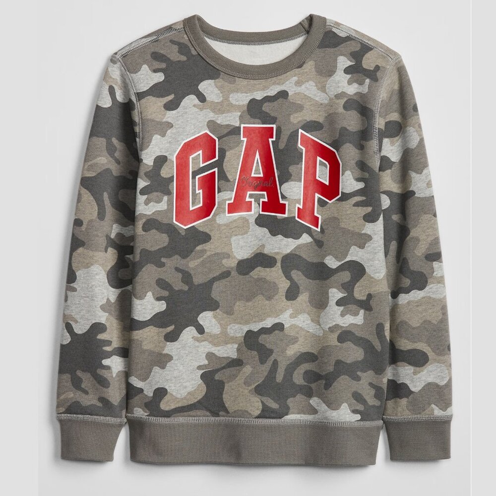 NEW Gap Kids Camouflage Arch Logo Original Crewneck Pullover Fleece Sweatshirt